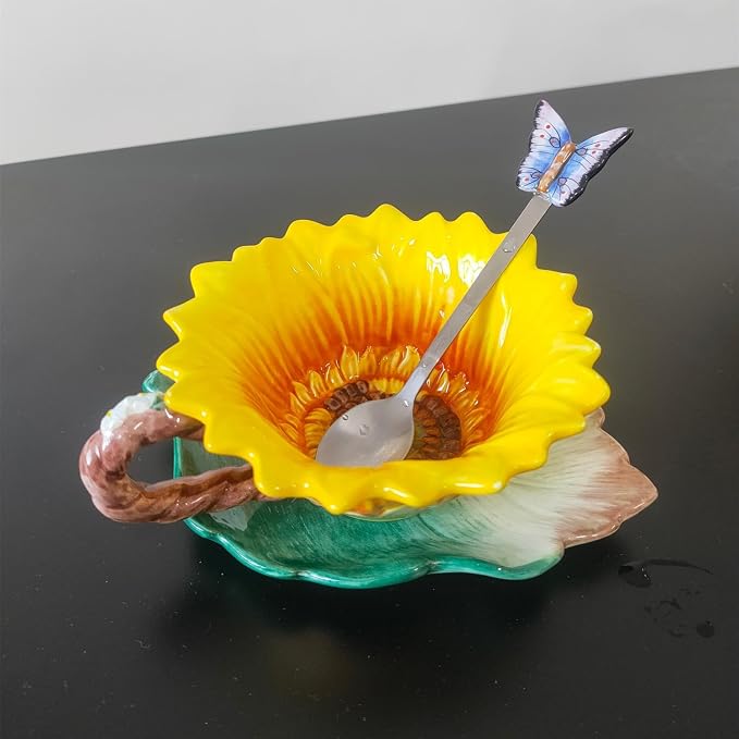 Ceramic Coffee Mug & Saucer Set, 3D Sunflower & Leaf, 6oz | Hand-painted, Handmade, Includes Spoon, Birthday Gift for Women