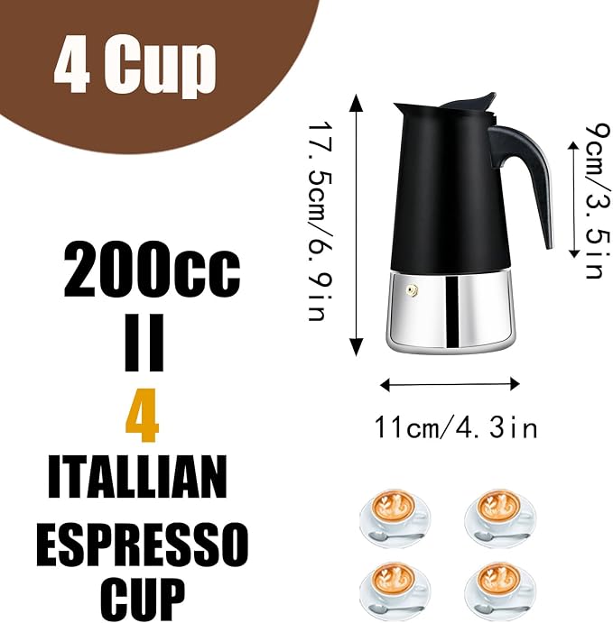 4 Cup Stovetop Espresso Maker Stainless Steel Moka Pot Stove Top Percolator Italian Coffee Makers Capable Mocha Greca Machine Cafe Classic Induction Cookers for Home and Camping 200ml 6.6oz