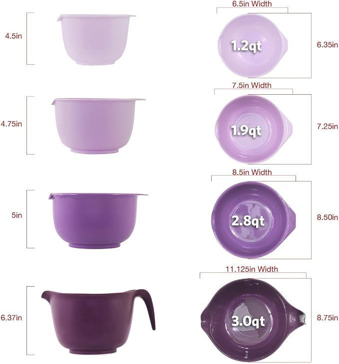 Glad Mixing Bowls with Pour Spout, Set of 4 - Nesting Plastic Bowls (1.2qt, 1.9qt, 2.8qt, and 3qt with Handle) - Non Slip Base, Dishwasher Safe Kitchen Cooking and Baking Supplies, Purple