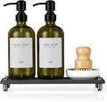 2 Pack Kitchen Soap Dispenser Set - 16oz Green Glass Dish and Hand Soap Dispenser with Stainless Steel Pump, Instant Dry Tray, Dish Brush & Holder, Refillable Countertop Sink Decor for Kitchen & Bath