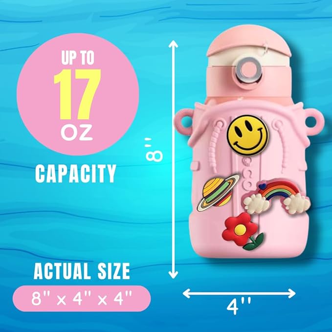Cocosmile Croc Charm Kids Water Bottle with Silicon Sleeve - Kids Water Bottles for School Boys Girls, Thermal Insulated Stainless-Steel Cup, BPA Free Travel Bottle (Without Straw)