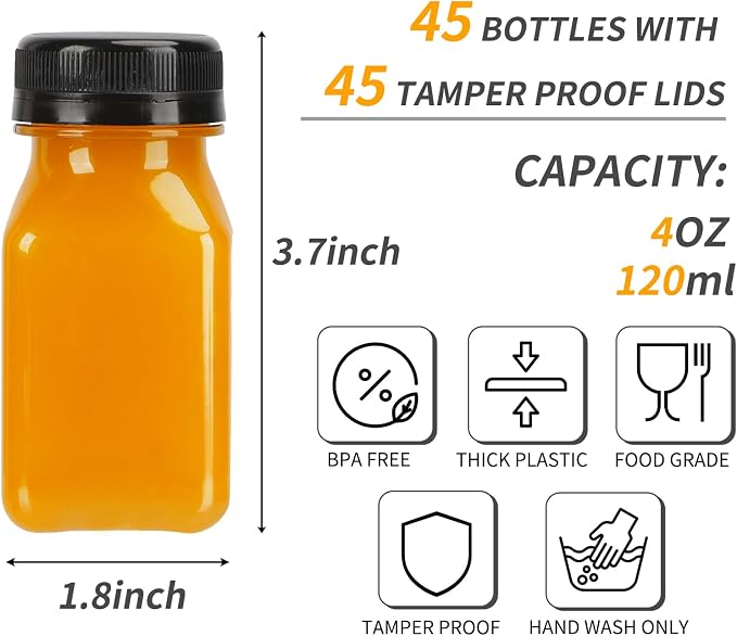 TOMNK 45pcs Juice Bottles with Caps, 4oz Plastic Containers with Lids Empty Reusable Clear Ginger Shots Bottles with Label, Funnel, and Brush Beverage for Juicing, Smoothies, Drinking, Fridge