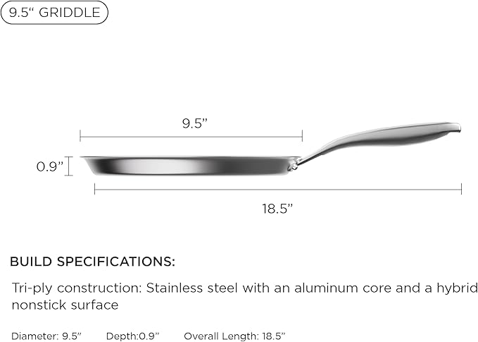 COOKER KING 9.5" Round Griddle Pan, 3-Ply Hybrid Stainless Steel Crepe Pan with Stay-Cool Handle, Non Stick & Non Toxic for Pancake, Eggs, All Stovetop & Induction Compatible, Oven & Dishwasher Safe