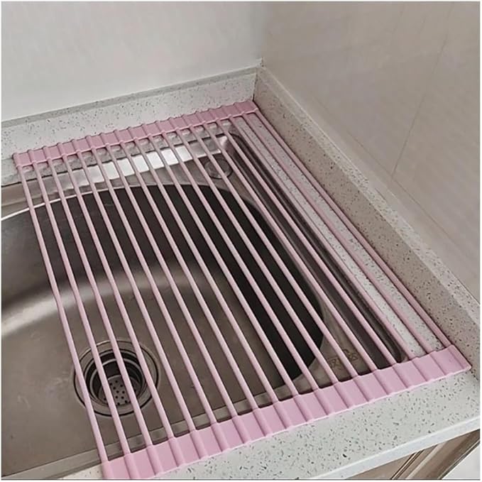 Roll Up Dish Drying Rack，Kitchen Silicone Wrapped Rolling Dish Drainer，Multipurpose Foldable Over The Sink Drying Mat, Heat-Resistant Anti-Slip Drainage Mat(Pink,52x33cm/20.5x13.0in)