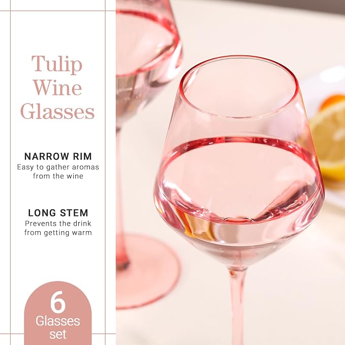 Elegant Pink Wine Glasses Set of 6 – Hand Blown Tulip Shape Long Stem Glassware – 15oz Pink Wine Glasses for Women, Wedding, Party, Bridesmaid Gift, Fancy Champagne or Rosé Goblets