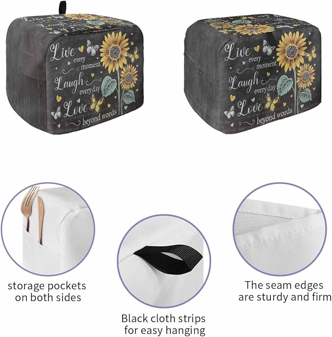 Retro Sunflower Toaster Cover 2 Slice, Spring Summer Farmhouse Dustproof Bakeware Oven Protector with Top Hook, Floral Butterfly Waterproof Small Kitchen Appliance Toasters Dust Cover, 11"x6"x8"
