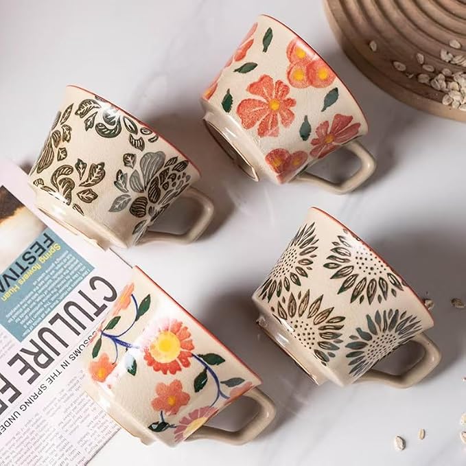 Ceramic Coffee Mugs 12 oz, Cups Set of 4, Mug for Coffee Milk Latte Cappuccino Tea, for Office Home shwasher Microwave Freezer Safe（Red）