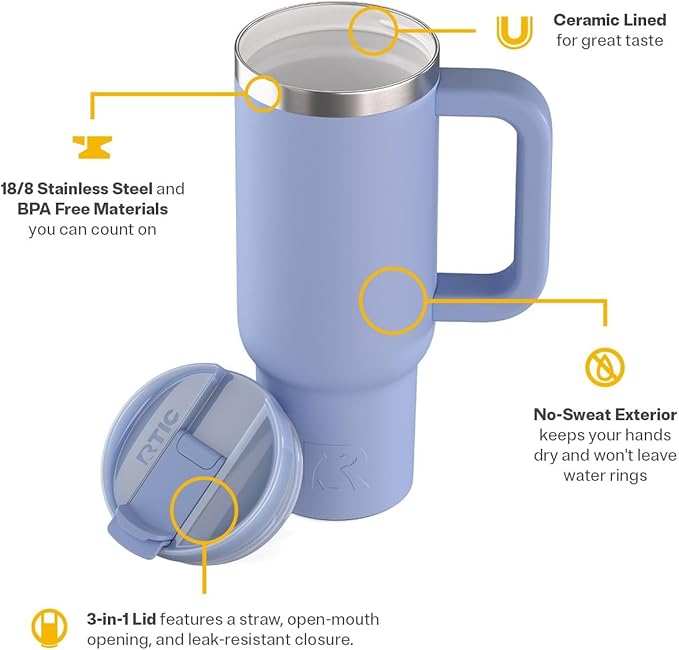 RTIC 30 oz Road Trip Tumbler Double-Walled Ceramic Lined InsulatedStainless Steel Portable Travel Coffee Mug Cup with Lid, Handle and Straw, Periwinkle