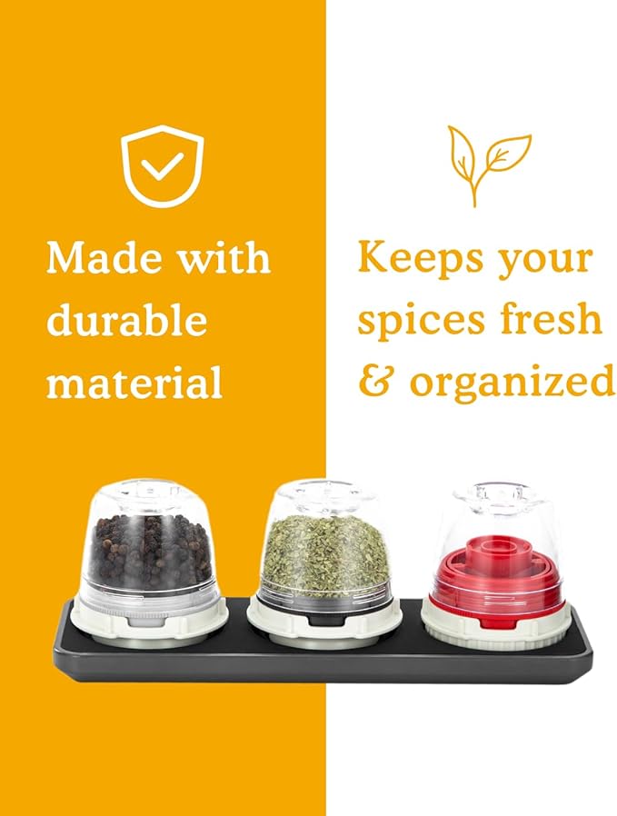 FinaMill Classic Battery-Operated Spice Mill Bundle with Slate Trio Stackable Tray – One-Handed Grinder with Interchangeable Pods, Space-Saving Spice Organizer, Valentine’s Day Gift for Food Lovers