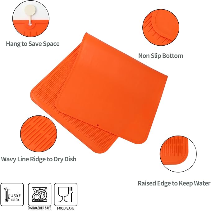 MicoYang Silicone Dish Drying Mat for Multiple Usage,Easy clean,Eco-friendly,Heat-resistant Silicone Mat for Kitchen Counter or Sink,Refrigerator or Drawer Liner Orange 5XL 36inches x 18inches