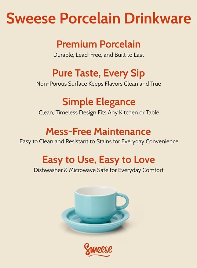 Sweese 8 Ounce Porcelain Stackable Cappuccino Cups with Saucers and Metal Stand - for Specialty Coffee Drinks, Cappuccino, Latte, Americano and Tea - Set of 4, Turquoise