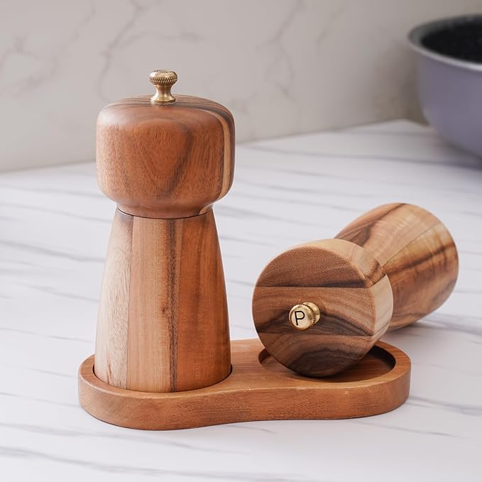 Salt and Pepper Grinder Set with Tray, Adjustable Ceramic Grinder Salt Mill, Stainless Steel Grinder Pepper Mill, Acacia Wood, 5 inch /14cm Height, Bottom Dia 2.36inch/6cm (Tray is Included)