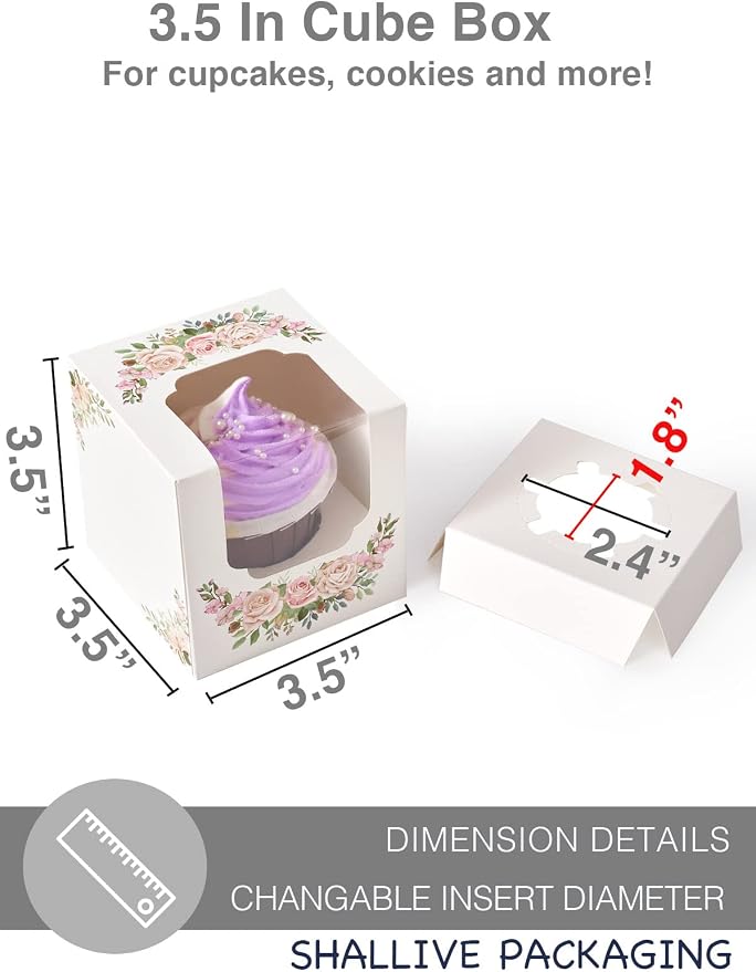 Mothers Day Floral Cupcake Boxes Single with Inserts and Window, Auto-Popup Mini Pink White Cupcake Holders Individual 30 Pack for Mother's Day Treat Wedding Gifts 3.5"