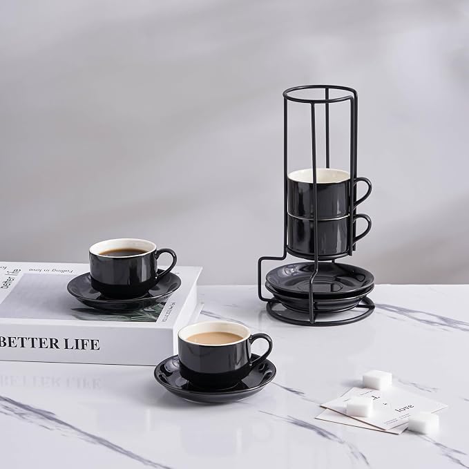 YOLIFE 2.5oz Espresso Cups Set of 4, Porcelain Stackable Espresso Cups, Expresso Shots Cup Set with Saucers and Metal Stand-Black