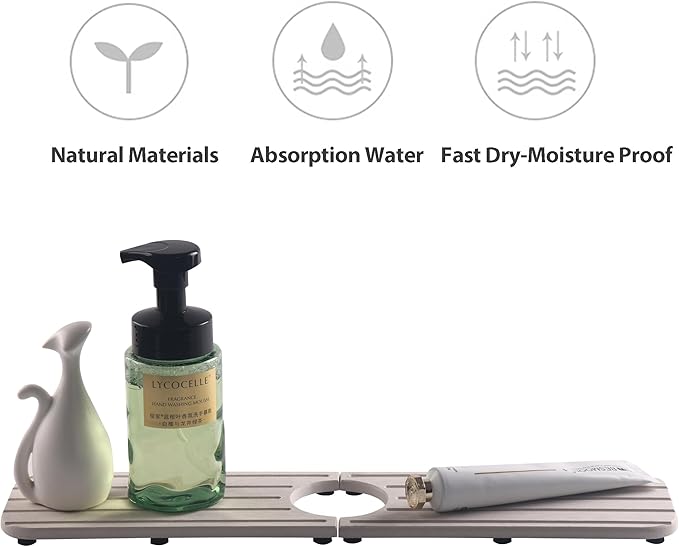NiuYichee 17inch x 4inch Kitchen Sink Faucet Mat, Water Absorbing Stone Faucet Splash Guard for Bathroom Counter, Quick Drying Diatomite Tray for Kitchen Sink, Light Gray