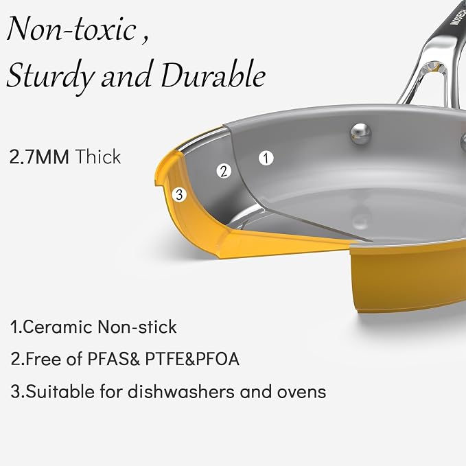 7-Piece Yellow Ceramic Nonstick Cookware Set, Pots and Pans | 4 pots, 3 clear lids; stay-cool grips; 100% PFAS-free; 480°F oven & dishwasher safe; heavy daily family cooking routines