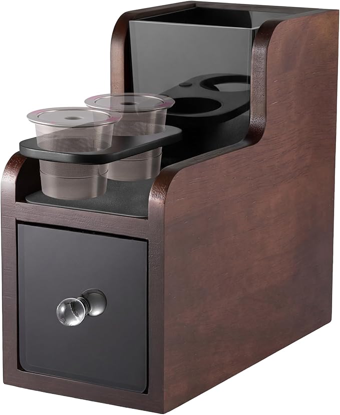 Coffee Pod Maker Stand, Solid Wood Reusable K-Cup Filter Holder & Filling Station with Coffee Ground Storage Drawer & Waste Bin, Countertop Wood Coffee Bar Organizer, Easy Daily Refill (Walnut)