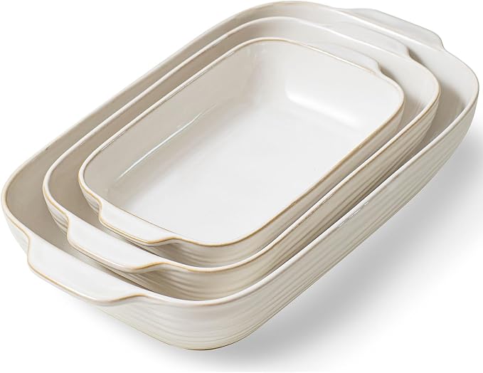 Baking Dish for Oven, Ceramic Casserole Dishes Set for 3, Rectangular Lasagna Pan Deep, Baking Pans with Handle, 12.9“/10.8"/8.4" Bakeware Sets for Cake, Casserole, Kitchen Wedding Gifts, Arctic White