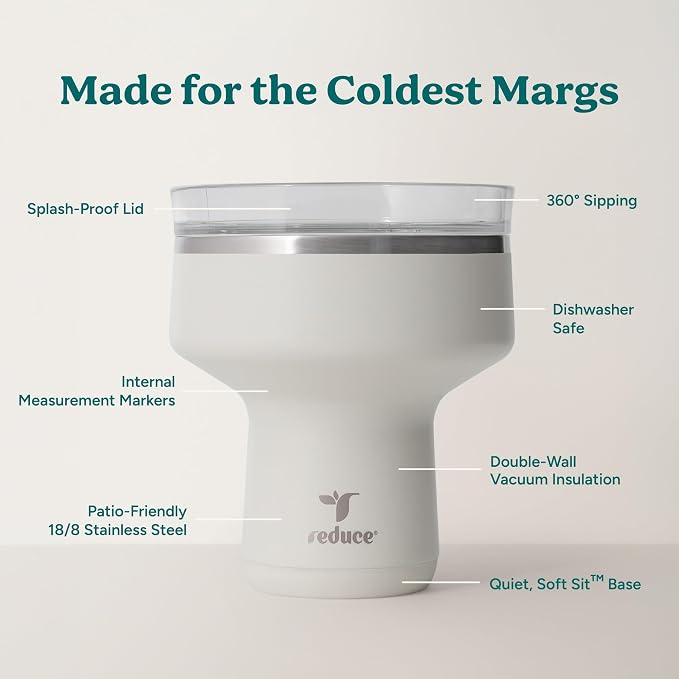 REDUCE Saltini 16 oz Cocktail Tumbler - Insulated Margarita Tumbler with Lid - Keeps Drinks Cold for 10 Hours - 360 Sippable Martini Glass Alternative - Shatterproof, Perfect for Parties - Unbleached