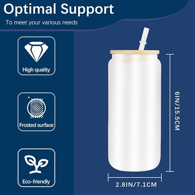 8 Pack Sublimation Blanks Glass Cups Bulk,16 OZ Frosted Drinks Glass Cups with Bamboo Lids and Straws,DIY Gifts Custom Tumbler