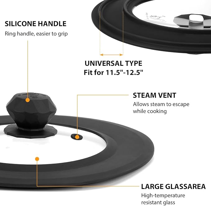 Set of 2 Vented Tempered Glass Universal Lid for Pot Pan Skillet with Heat Resistant Silicone Microwave Splatter Cover Microwave Safe Fit 8" 8.5" 9" and 11.5" 12" 12.5", Black
