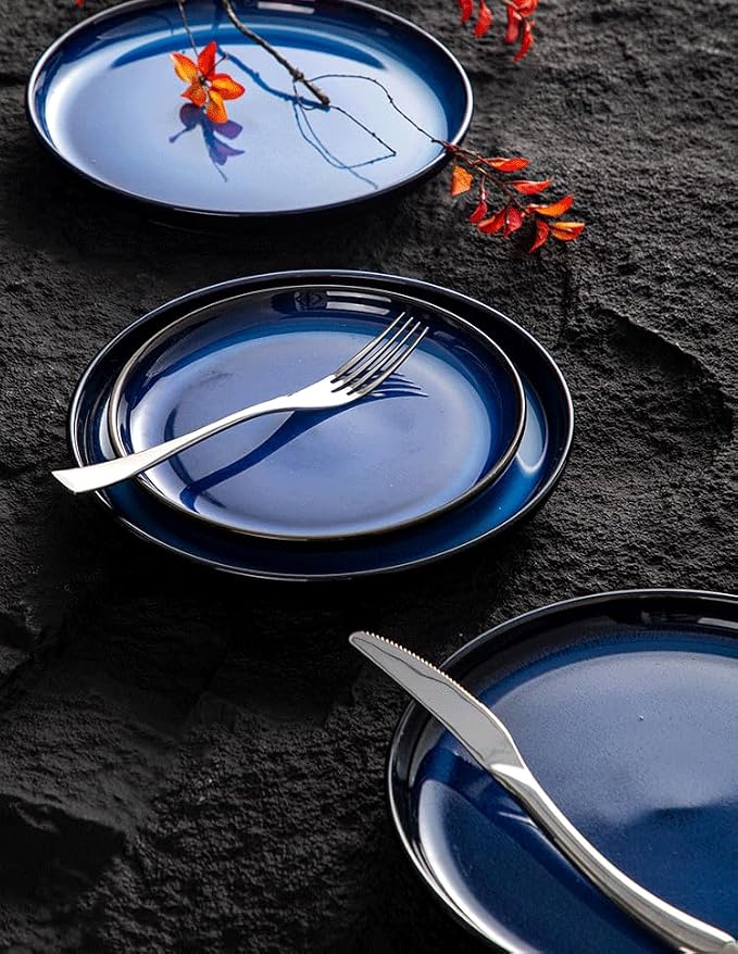 4-piece set, ceramic, natural active glaze plate and bowl set, microwave and dishwasher compatible tableware set, shatterproof and scratch resistant dinner set, irregular edge design, blue