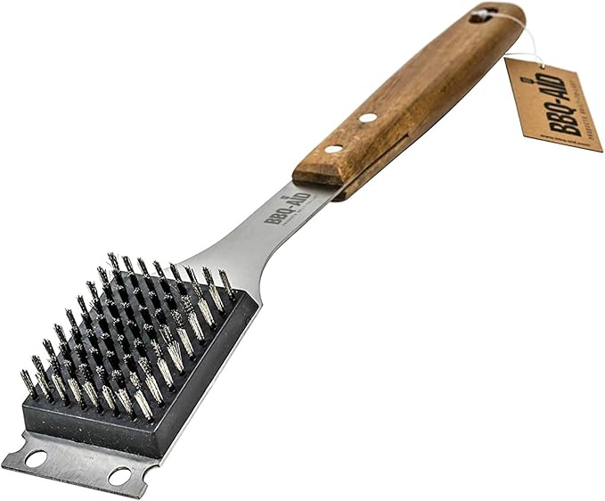 BBQ-AID Grill Brush and Scraper with 2 Replacement Heads - Extended, Large Wooden Handle and Stainless Steel Bristles – Safe, No Scratch Cleaning - Best for Any Grill: Char Broil & Ceramic