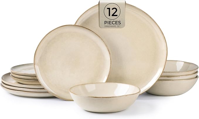 AmorArc Ceramic Dinnerware Sets,Handmade Reactive Glaze Stoneware Plates and Bowls Sets,Highly Scratch Resistant | Dishwasher & Microwave Safe Dishes Set,Service for 4 (12pc)