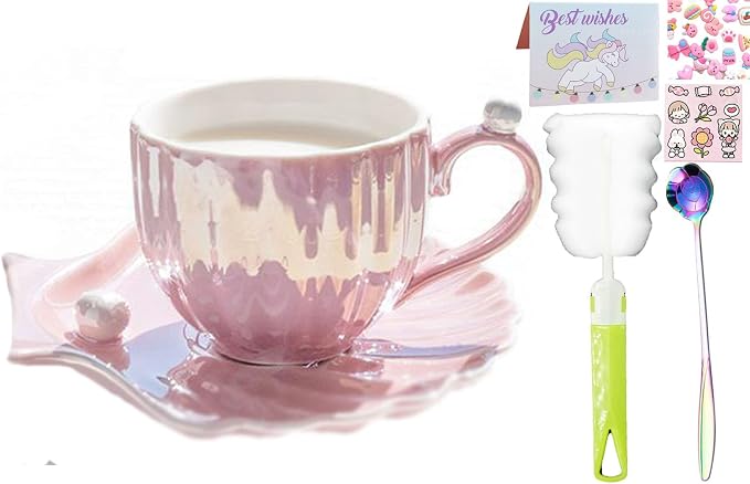 Pearl Shell Ceramic Coffee Mug with Coaster Set for Tea Latte Milk Cute Cup with Saucer for Home Office Women Gift 6.5 oz (Shell Pink, 240 ml)