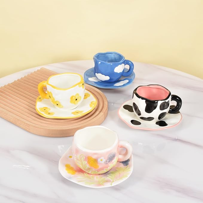 Koythin Ceramic Coffee Mug with Saucer, Cute Unique Handmade Cup for Women for Office and Home, Dishwasher and Microwave Safe, 10 oz/300 ml for Latte Tea Milk (Dark Blue Sky and White Clouds)