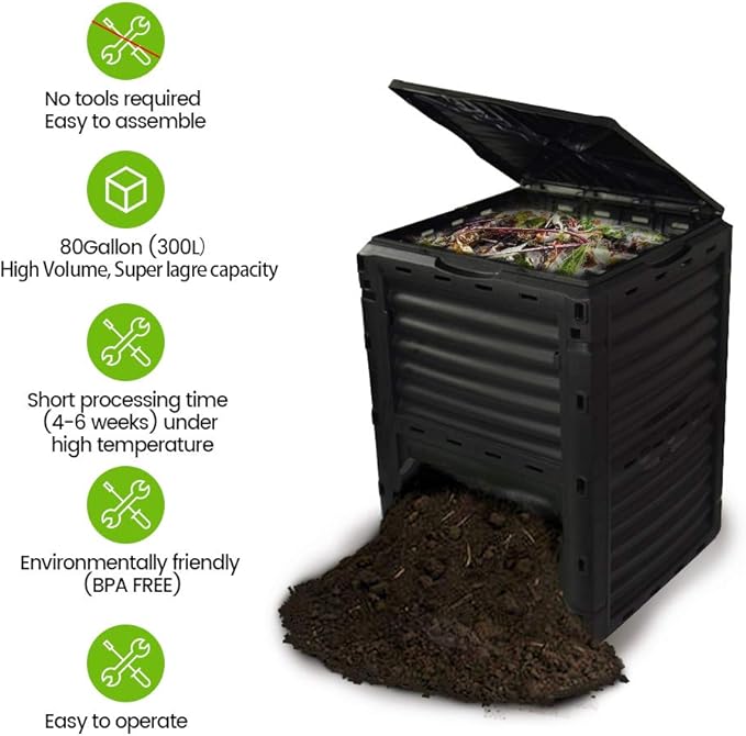 EJWOX 80 Gallon (300L) Large Capacity Static Compost Bin - Sturdy Outdoor Waste Composter with Easy-Access Hatch, Efficient Aeration System for Fast Organic Fertilizer Creation, Black