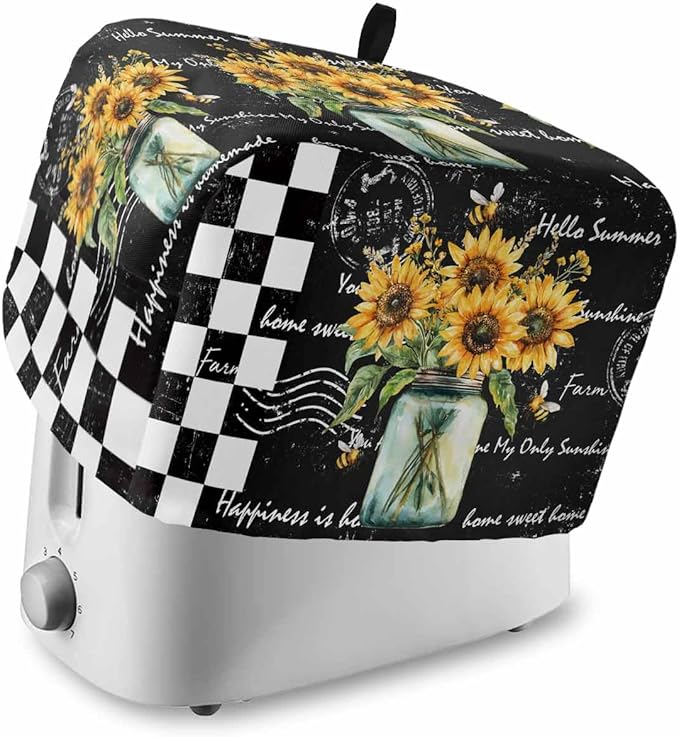 Sunflower Vintage Toaster Cover 2 Slice, Farmhouse Floral Dustproof Bakeware Oven Protector with Top Hook, Black Checkered Waterproof Small Kitchen Appliance Toasters Dust Cover, 11"x6"x8"