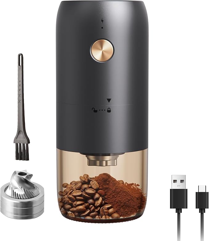 Portable Electric Burr Coffee Grinder by ELMWAY - Rechargeable Mini Coffee Grinder with Stainless Steel Burr & Internal Coarseness Adjustment, Compact for Travel & Home Use - Black