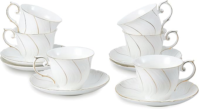 Agyiuns Tea Cups Set Of 6, Tea Cup And Saucer Set,6oz for Tea,Coffee, Latte, Cafe Mocha, Porcelain Tea Party Set (White with gold thread set of 6)