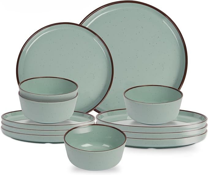 Melamine Dinnerware Set 12 Piece for 4, Green Spray Dots Unbreakable Plates and Bowls with Dark Brown Rim, Lightweight Durable Dishware for Camping Picnic Party