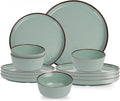 Melamine Dinnerware Set 12 Piece for 4, Green Spray Dots Unbreakable Plates and Bowls with Dark Brown Rim, Lightweight Durable Dishware for Camping Picnic Party