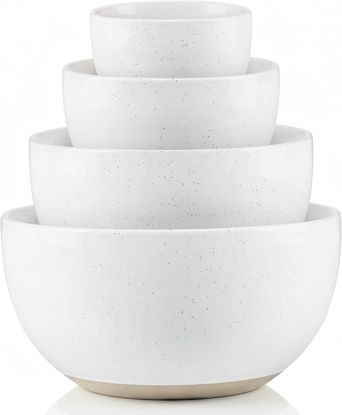 KooK Mixing Bowls, Ceramic Nesting Bowls, Stoneware Kitchen Bowls, For Prep, Serving, Dishwasher Safe, 18/40/90/140 oz, Set of 4, Moonstone