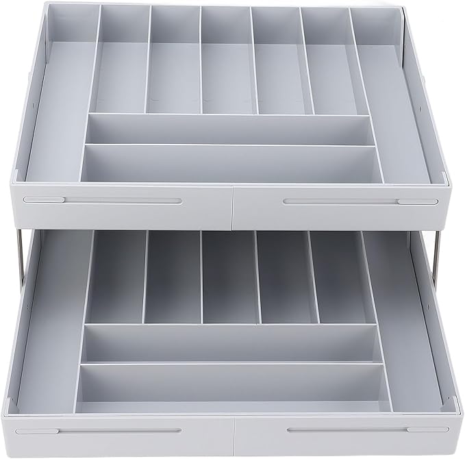 TOPINCN 2 Tier Collapsible Multi Level Drawer Organizer Tray, Folding Smart Drawer Storage, Expandable for Makeup, Jewelry, Silverware, Utensils, Kitchen Office Supplies (Gray)