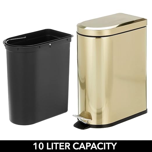 mDesign Small 2.6 Gallon/10 Liter Stainless Steel Metal Step Trash Can Garbage Bin for Bathroom, Bedroom, Office, D-Shape Trashcan with Foot Pedal/Lid, Removable Liner Bucket with Handles, Soft Brass