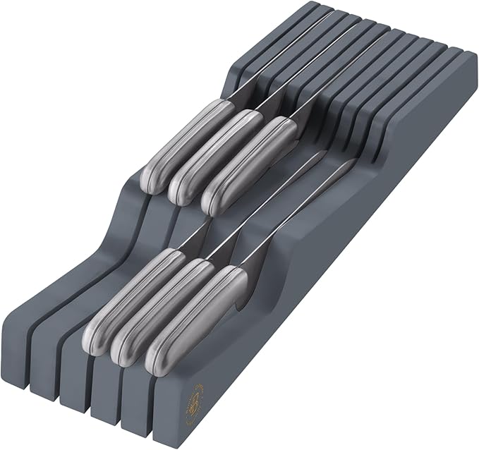 Knife Drawer Organizer - Bamboo Knife Block In Drawer, Kitchen Knife Organizer for Drawer, Holds 5 Long + 6 Short Knives, Blade Safe Storage, Wooden Steak Knife Holder, Gray