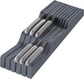 Knife Drawer Organizer - Bamboo Knife Block In Drawer, Kitchen Knife Organizer for Drawer, Holds 5 Long + 6 Short Knives, Blade Safe Storage, Wooden Steak Knife Holder, Gray