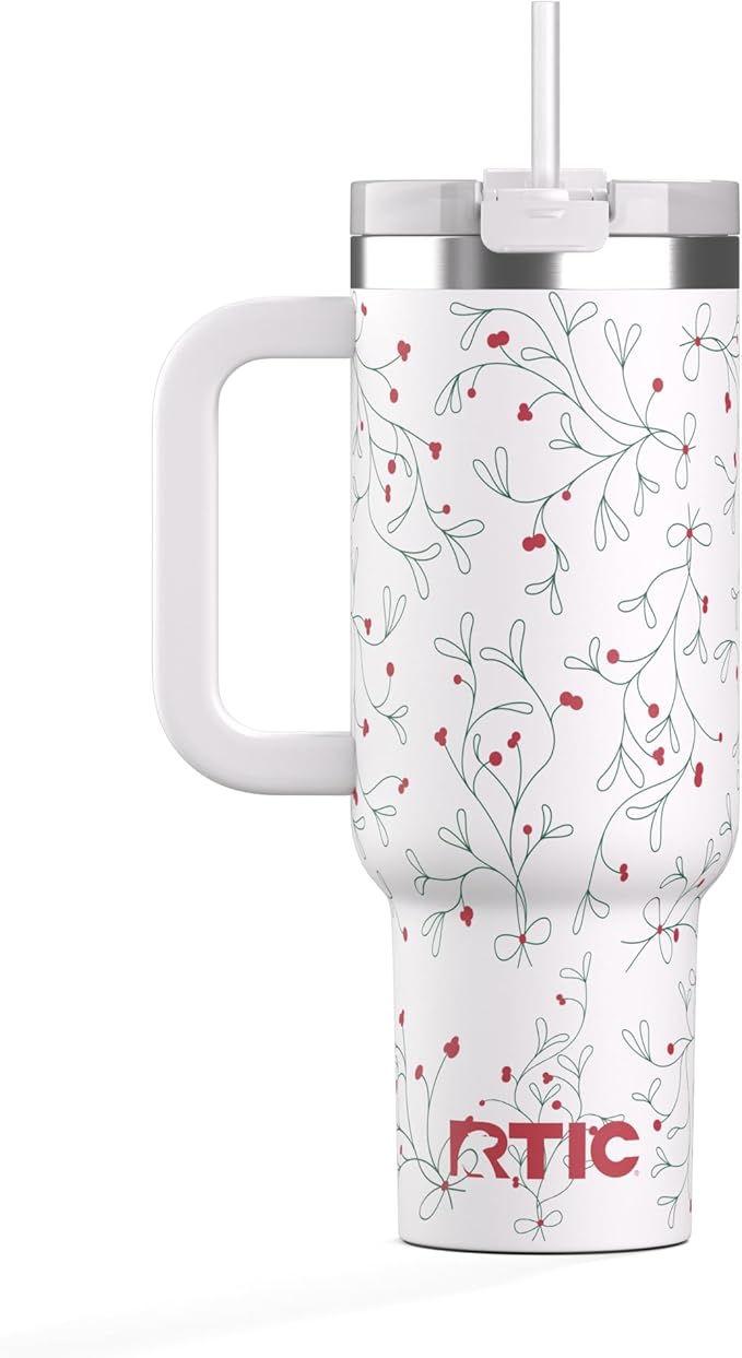 RTIC 40 oz Road Trip Tumbler Double-Walled Cermaic Lined Insulated Stainless Steel Portable Travel Coffee Mug Cup with Lid, Handle and Straw, Mistletoe