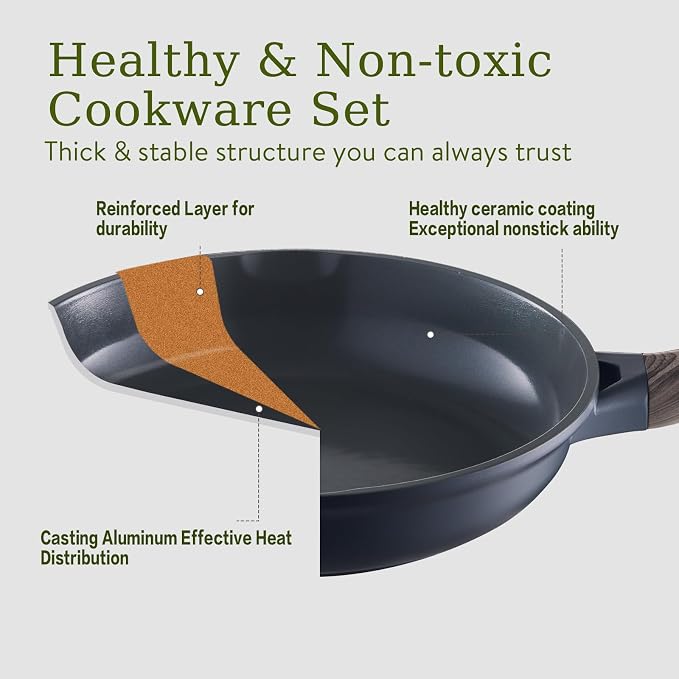 USELUCK Pots and Pans Set Non Stick Non-Toxic 22 Pcs Ceramic Cookware Sets Nonstick Kitchen Pot&Pan With Lid Stone Gray Granite Induction Compatible with Glass Lids Crepe Frying Pan PFOA/PFOS-Free