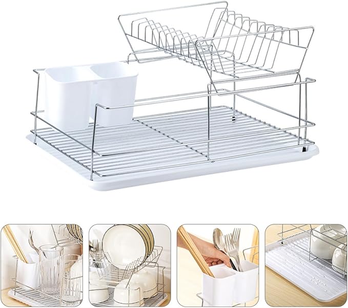 KALLORY 2-Layer Stainless Steel Dish Drying Rack Over Sink, Detachable Kitchen Tableware Drainer and Storage Organizer for Countertop Sink Use