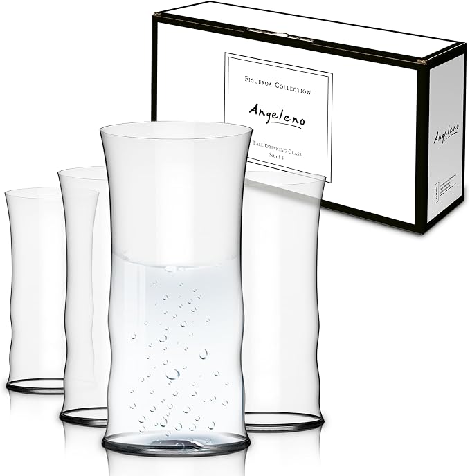 Figueroa Collection 14 oz Tall Drinking Glasses, Large Clear Beverage Glass Cups for Water Juice Soda Iced Tea Cocktails, Modern Highball Glassware for Kitchen Dining Bar Everyday Drinkware - Set of 4