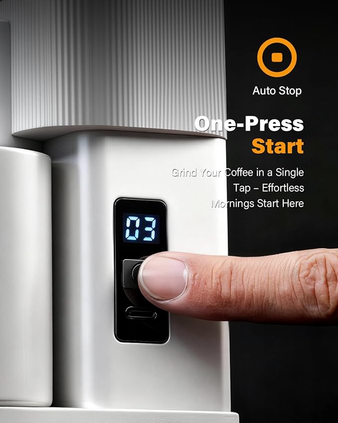 SHARDOR All-Metal Single-Dose Coffee Grinder – Quiet DC Motor, Home-use Espresso Grinder, Burr Coffee Grinder, with 80 Settings and an LED Power Display，White