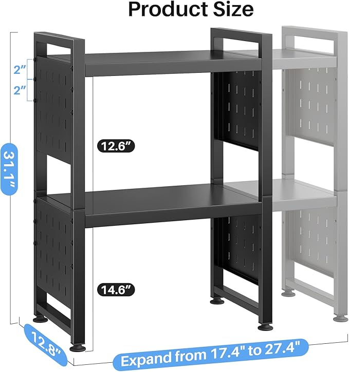 Expandable Microwave Stand, Heavy Duty 3-Tier Adjustable Microwave Oven Rack Shelf with 8 Hooks & 2 Holders, Space-saving Kitchen Counter Shelf for kitchen organizers and storage, 200lbs Capacity