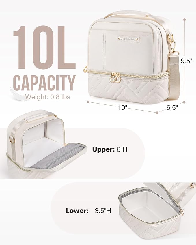 Double Deck Lunch Box Bag Women - Vegan Leather Insulated Waterproof Leakproof Cooler for Work Travel Picnics - Teacher Mothers Day Christmas Birthday Gifts