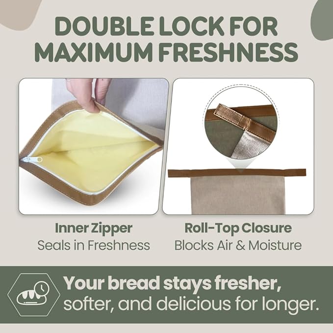 LOAF STORY Double Lock Reusable Beeswax Bread Bags, Featuring Wide Comfort Zipper and Roll-Top Hook-and-Loop Closure, Fully Open XL Airtight Storage for Freezer and Fridge, Gift for Bakers, 2 Pack