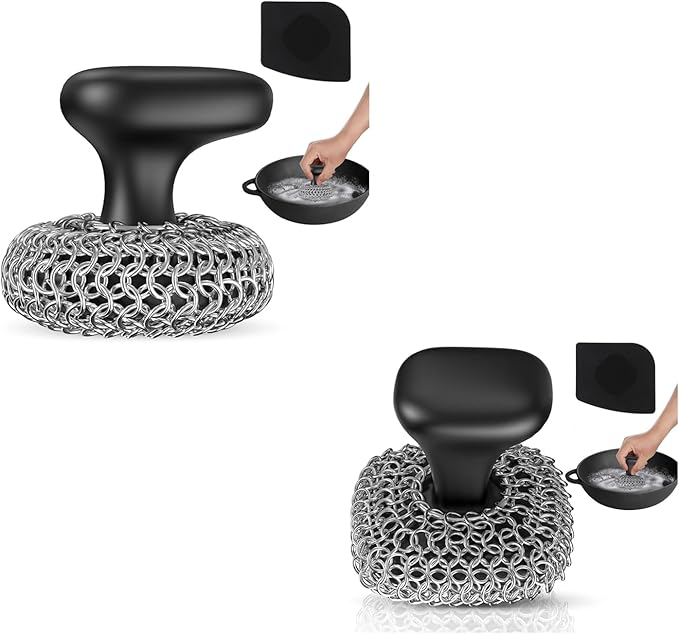 Cast Iron Scrubber | Dish Scrub Brush | 316 Cast Iron Cleaner Chainmail Scrubber Circle + Square 2PCS Black